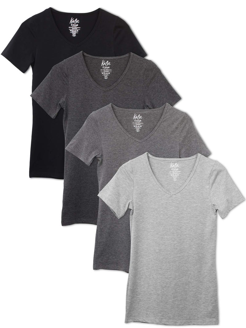 Kalon Women's 4-Pack V-Neck T-Shirt Base Layer (Medium, Black/Greys) - Image 1